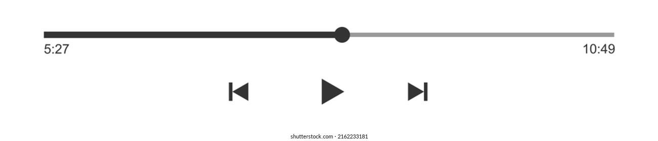 Barra de carga con botón deslizador de tiempo, botón de reproducción, rebobinado y avance rápido. Panel de reproducción del reproductor de medios. Plantilla simple de reproductor de audio o vídeo en línea, radio, interfaz de podcast. Ilustración del contorno del vector