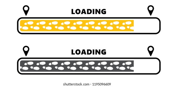 Loading bar Tracking gps routes with pin map. Human walking footprints shoes and shoe sole. Kids feet and foot steps Fun vector footsteps icon or sign for print