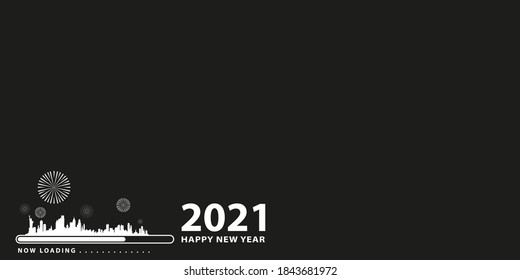 barra de carga con transición de año nuevo 2020 a 2021. La silueta de la ciudad de Nueva York sobre fondo negro. Tarjeta Feliz Año Nuevo con barra de progreso. Ilustración del vector EPS 10