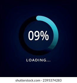 Loading bar vector illustration in blue color isolated on dark background. Circle loading bar with 09% progress.