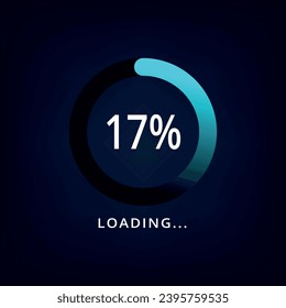 Loading bar vector illustration in blue color isolated on dark background. Circle loading bar with 17% progress.