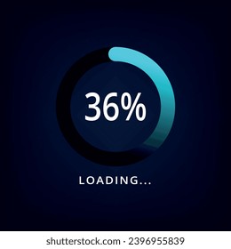 Loading bar vector illustration in blue color isolated on dark background. Circle loading bar with 36% progress. svg
