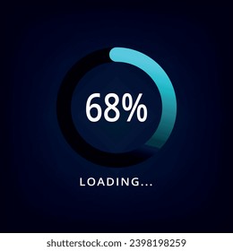 Loading bar vector illustration in blue color isolated on dark background. Circle loading bar with 68% progress.
