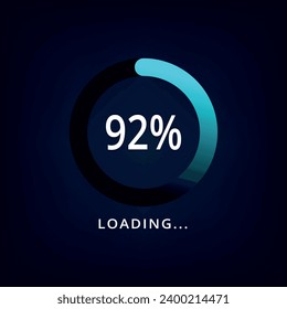 Loading bar vector illustration in blue color isolated on dark background. Circle loading bar with 92% progress.