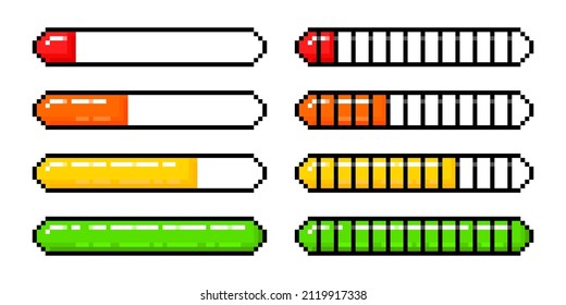 Loading Bar Vector Pixel Style. 8 Bit Loader Process Status. Video Game Interface Element Set.