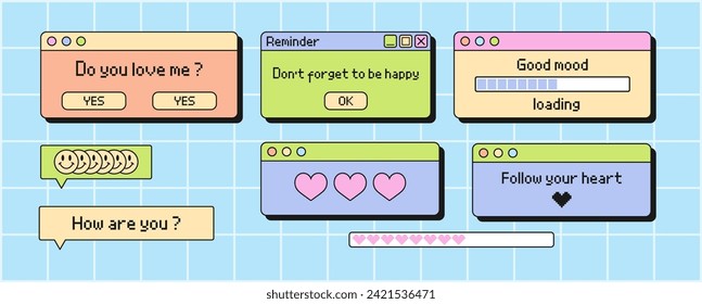 Laden von Bars und Chat-Nachrichten, Retro-Browser Computer-Windows in den 90er Jahren Vaporwave Geek Stil. Y2k-Ästhetische Symbole