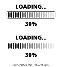 Loading bars in different gray designs isolated on a transparent background for websites and graphic resources. 30% loaded bar.