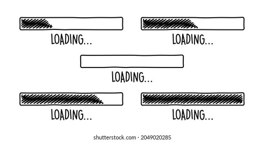 Loading bars drawn by hand. Set of hand drawn loading bars with different percent (0%, 25%, 50%, 75%, 100%). Cartoon vector doodle
