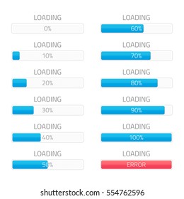 Loading bars elements set. Creative web design download timer or progress upload sign. Users completion indicator. Vector loading bar with steps 0, 10, 20, 30, 40, 50, 60, 70, 80, 90, 100 and error.