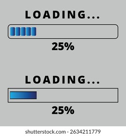 Loading bars on gray background. Loading bar for websites and graphic resources at 25% loaded.