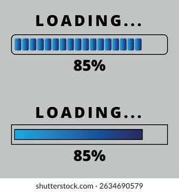 Loading bars on gray background. Loading bar for websites and graphic resources at 85% loaded.