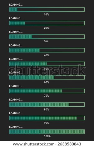 Loading Bars Showing Progress Percentages from 10 to 100 on Dark Background for Tech and UI Designs	