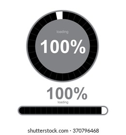 Loading bars and spinner with "Loading 100 %" text. Vector abstract symbol for webpage design.