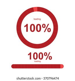 Loading bars and spinner with "Loading 100 %" text. Vector abstract symbol for webpage design.