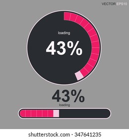 Loading bars and spinner with "Loading 43 %" text. Vector abstract symbol for webpage design.