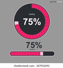 Loading bars and spinner with "Loading 75 %" text. Vector abstract symbol for webpage design.