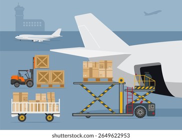 Loading boxes of air freight onto an aircraft preparing for flight. Air cargo transportation concept. Stock illustration.