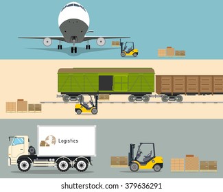 Loading boxes with a forklift into the cargo plane, truck and train. Transportation and Logistics. Vector illustration