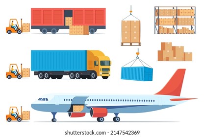 Loading boxes with goods into different types of cargo transport. Cargo plane, train, truck and forklift loads cargo into them. Cargo and delivery, set of elements, vector illustration