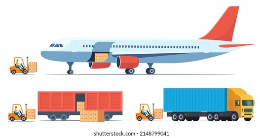 Kisten mit Gütern in verschiedene Arten des Frachtverkehrs laden. Frachtflugzeuge, Züge, Lastwagen und Gabelstapler laden Ladung hinein. Fracht und Lieferung, Logistik und Güterverkehr, Vektorgrafik