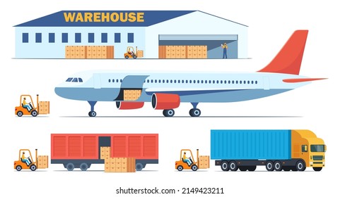 Kisten mit Waren aus dem Lager in verschiedene Arten des Frachtverkehrs laden. Frachtflugzeuge, Züge, Lastwagen und Gabelstapler laden Ladung hinein. Ladung und Lieferung, Satz von Elementen, Vektorgrafik