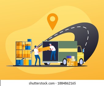 carga de cajas de paquetes en camiones por parte de los trabajadores de mensajería para su entrega a los clientes, servicio de entrega y concepto de ilustración de envío gratuito