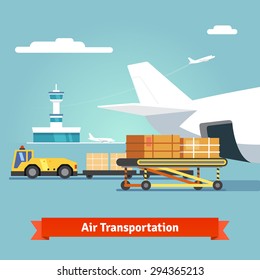 Loading boxes to a preparing to flight aircraft with platform of air freight. Air cargo transportation concept. Flat style illustration.