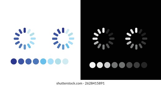 Carregando e armazenando em buffer a coleção de ícones de símbolos para sites e aplicativos. Carregando ícones e barras de progresso em indicadores de carregamento de giradores circulares.  Barra de carga, carregador de buffer, status, download ou upload de ícones.