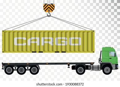 Loading a cargo container onto a truck. Sea container on the crane. Cargo transportation. Transport services. Transportation of bulky cargo. Loading on a truck.