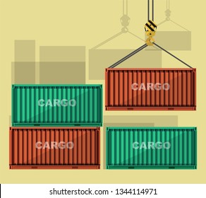 Loading of cargo containers by crane. Sea port, warehouse, logistic module. Vector illustration
