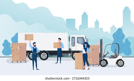 Loading cargo into the car. Movers carry boxes. The concept of moving and delivery. Truck, forklift, loader. Vector.