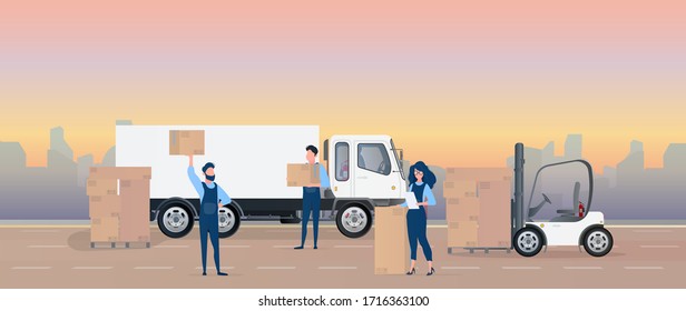 Loading cargo into the car. Movers carry boxes. The concept of moving and delivery. Truck, forklift, loader. Vector.