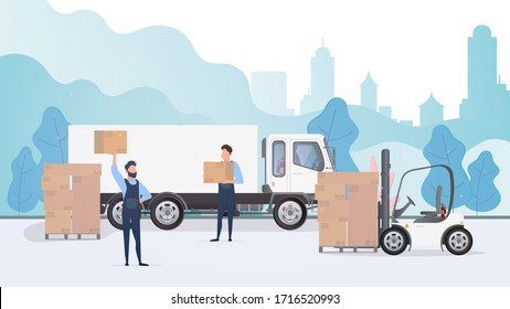 Loading cargo into the car. Movers carry boxes. The concept of moving and delivery. Truck, forklift, loader. Vector.