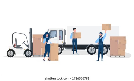 Loading cargo into the car. Movers carry boxes. The concept of moving and delivery. Truck, forklift, loader. Vector.