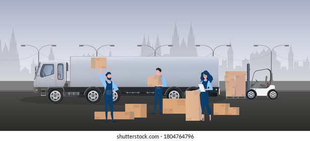 Loading cargo into the car. Movers carry boxes. The concept of moving and delivery. Truck, forklift, loader. Vector.