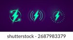 Loading Or Charging Icon Set. Neon Green Lightning Symbols