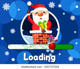 Loading Christmas, Santa Claus sitting in the chimney with a gift and waving.