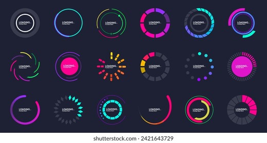 Loading circle bar collection. Loading progress or status bar. Set of round loading icons. Loading progress bars, load or download and upload web icons