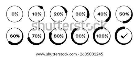 Loading circle with percentage from 0 to 100 black progress infographic circle indicators. Set of circle percentage diagrams for infographics, 0 10 20 30 40 50 60 70 80 90 100 percent vector icon.