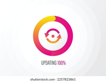 Loading circle percentage 100, 90, 80, 70, 60, 50, 40, 30, 20, updating, cloud download, upload files, pink to orange colour gradient.