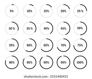 Cargando círculos. Gráficos de pastel negro de 5 a 100 por ciento. Vector