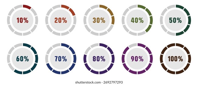Loading circles and progress circles from 0 to 100 percent. Loading bar circle. Solid and line icon set. Vector illustration.