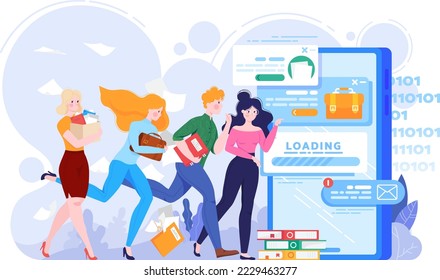 Loading concept tiny character female male running online student, web device technical training isolated on white, flat vector illustration.