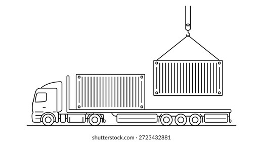 Cargar un contenedor en un camión semirremolque. Silueta lineal de contorno negro. Trazos editables. Ilustración gráfica de Vector plano simple. Objeto aislado sobre un fondo blanco.