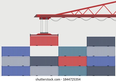 Loading containers by crane. A port crane loads containers. A lot of containers in the port. International cargo transportation, container transportation, cargo delivery.