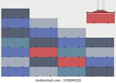 Loading containers by crane. A port crane loads containers. A lot of containers in the port. International cargo transportation, container transportation, cargo delivery.