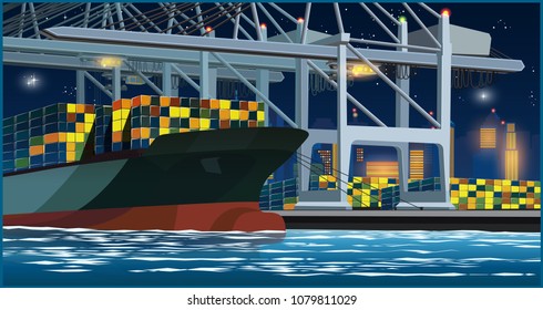 Loading of containers by large port cranes onto a container ship in the port at night