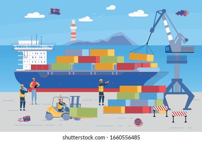 Loading Containers with Goods to Ship, Banner. Port Workers Loading Ship, which Set off on Long Voyage to Deliver Products Worldwide. Men Dressed in Special Clothes with Reflectors.