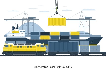 Containerlager auf einem Güterzug im Hafen von einem Containerschiff laden. Vektorgrafik.