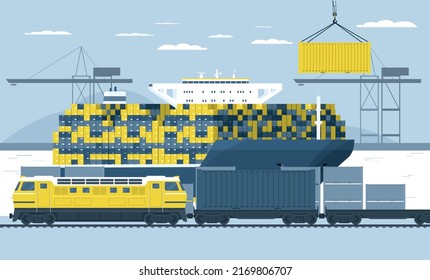 Loading containers on a freight train in the port from a container ship. Vector illustration.
